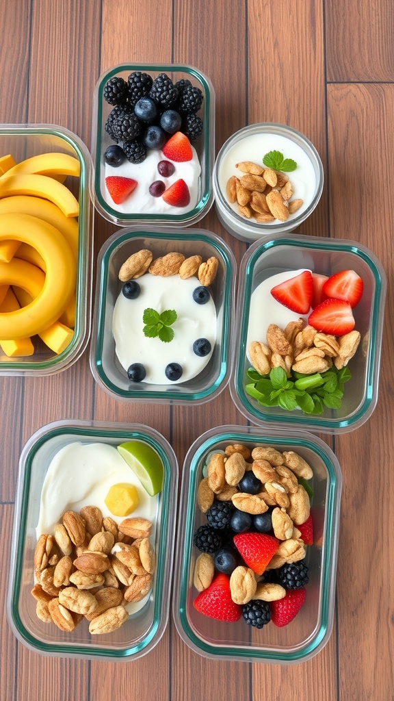 Healthy snack prep with yogurt, fruits, and nuts in clear containers