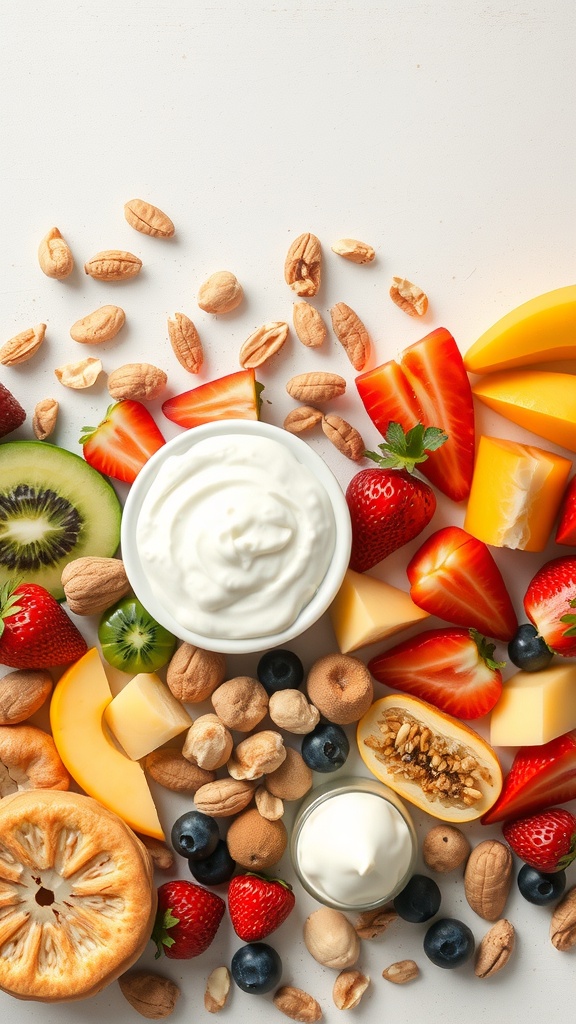 A colorful assortment of fruits, nuts, and yogurt arranged for a healthy snack.