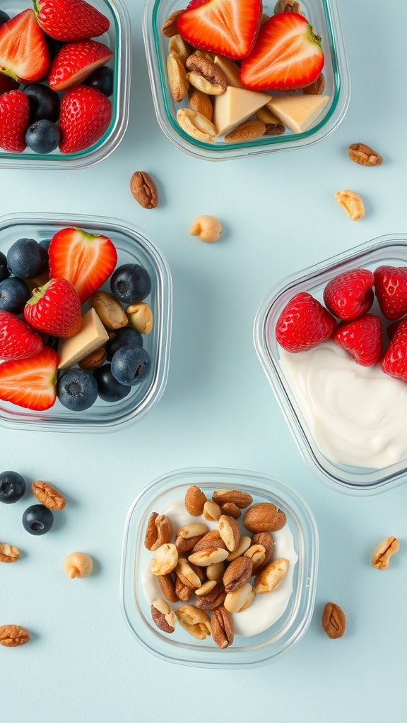 Healthy snacks in containers with strawberries, blueberries, nuts, and yogurt.