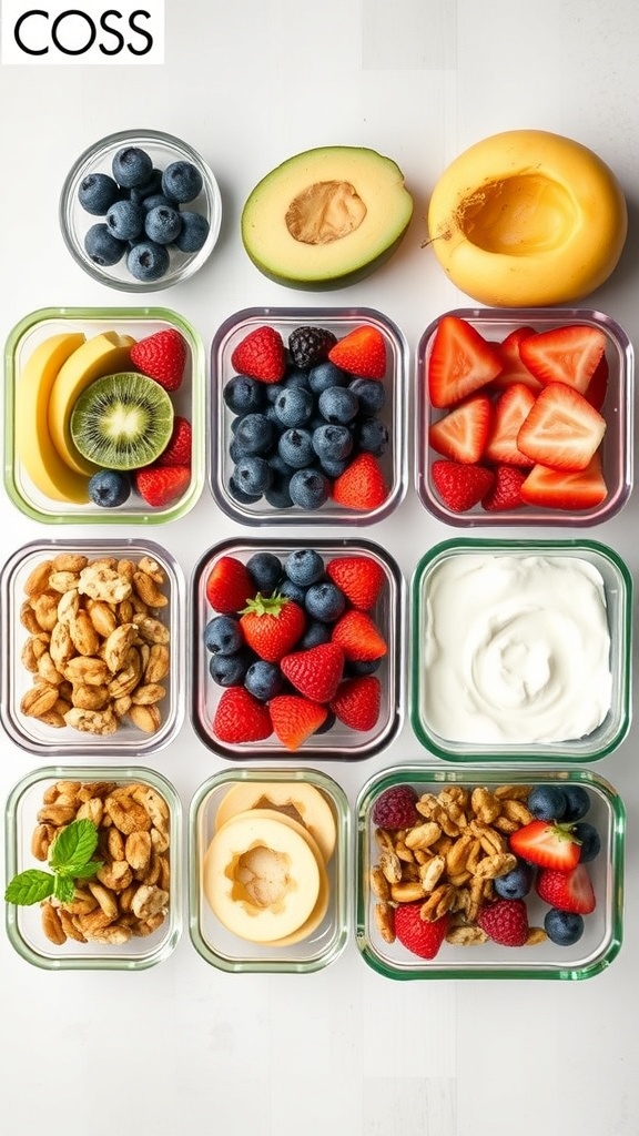 Colorful meal prep containers filled with fruits, yogurt, and granola.