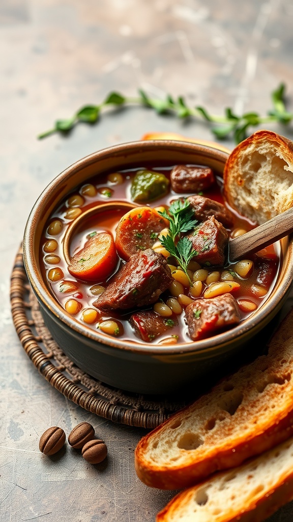 A bowl of hearty beef and barley stew with vegetables and bread on the side.