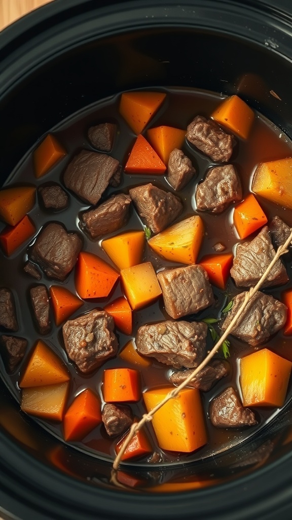 A slow cooker filled with hearty beef stew, featuring chunks of beef and colorful root vegetables.