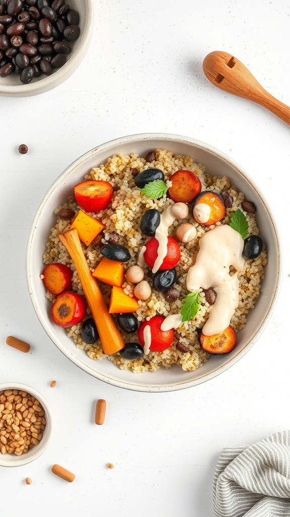 A colorful hearty grain bowl with quinoa, cherry tomatoes, bell peppers, black beans, and tahini dressing.