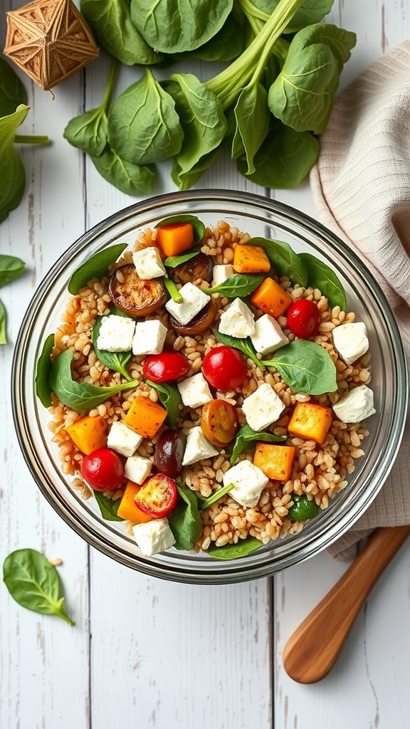 A colorful grain salad with farro, roasted sweet potatoes, cherry tomatoes, spinach, and feta cheese.