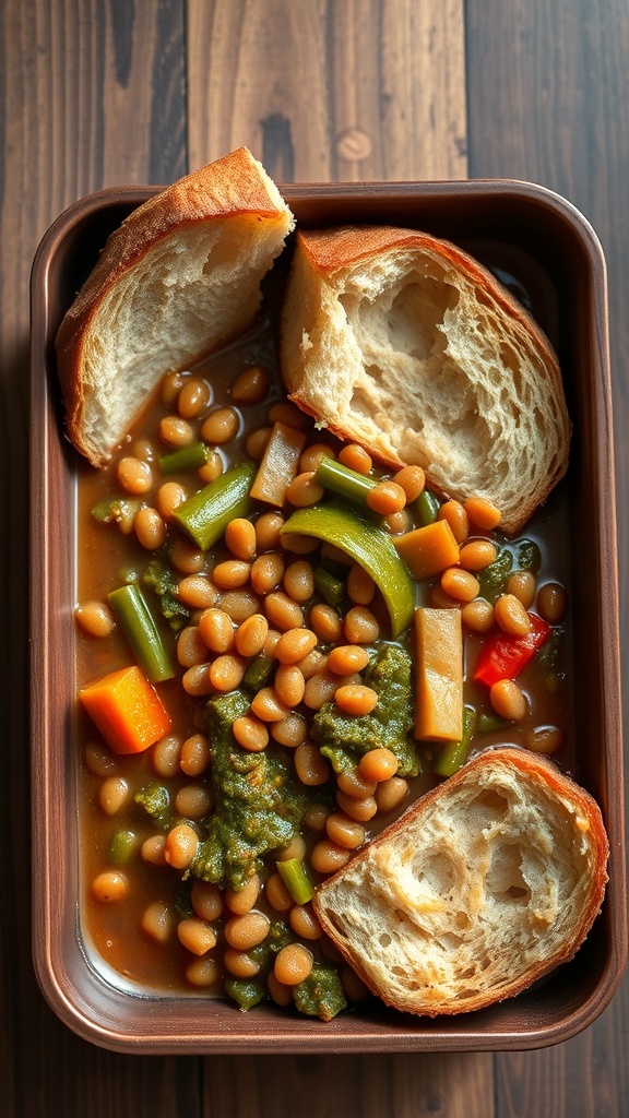 A bento box containing hearty lentil and veggie stew with pieces of crusty bread.