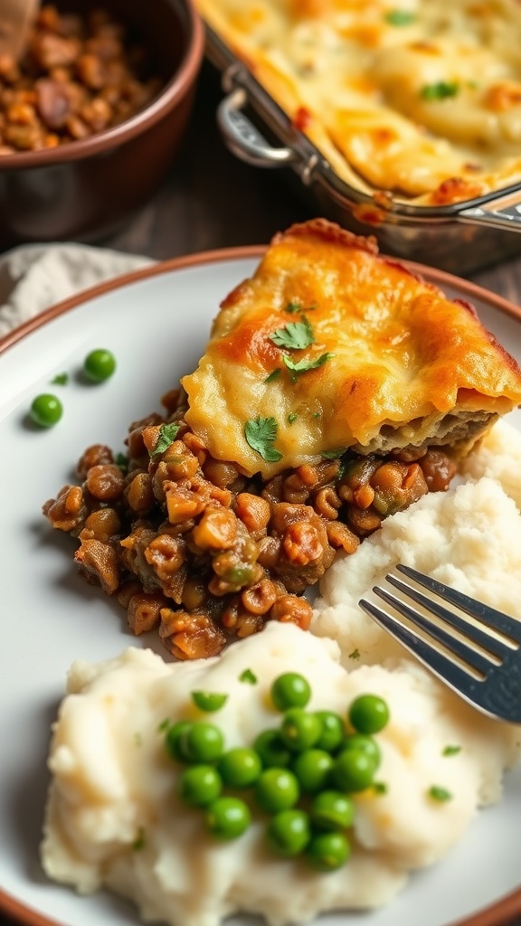 A delicious plate of Hearty Lentil Shepherd's Pie with creamy mashed potatoes and lentil filling.