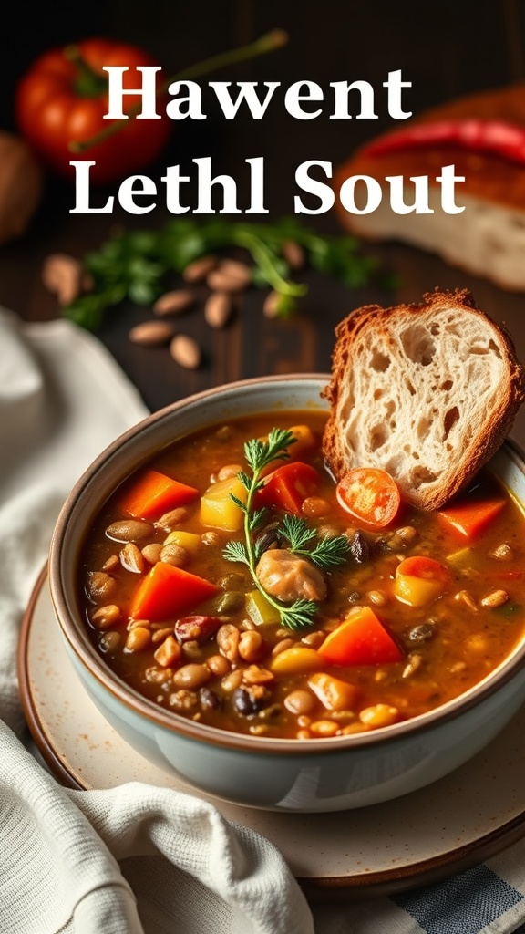 A bowl of hearty lentil soup with carrots and potatoes, garnished with fresh parsley.