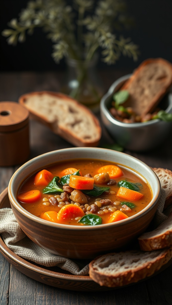A bowl of hearty lentil soup with carrots and spinach, accompanied by slices of bread.