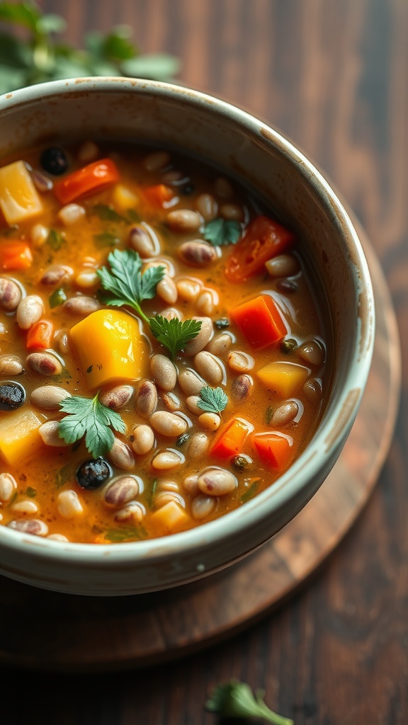 A bowl of hearty lentil soup with seasonal vegetables and herbs.