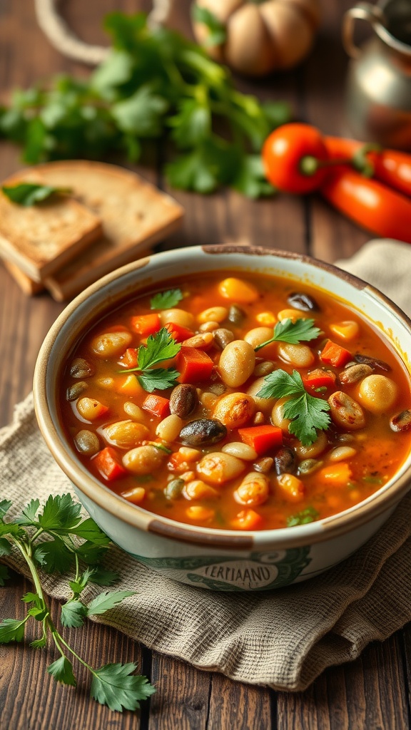 A bowl of hearty lentil soup with various vegetables, garnished with parsley.