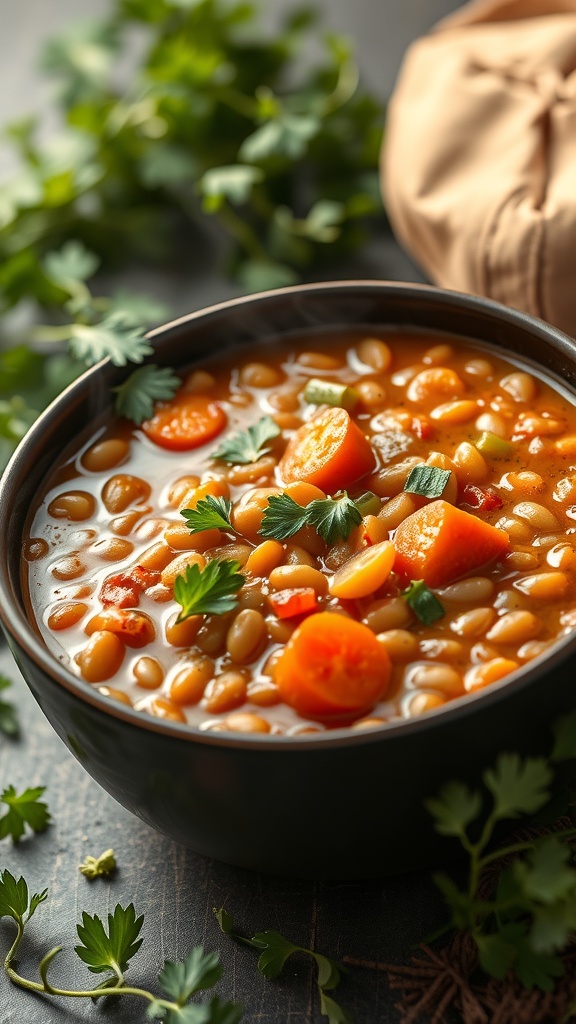 A bowl of hearty lentil stew with carrots and herbs.