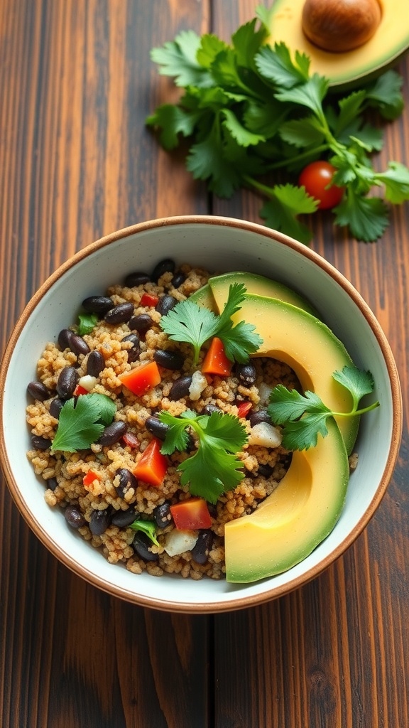 A bowl of quinoa and black bean mixture topped with avocado, tomatoes, and cilantro on a wooden table.