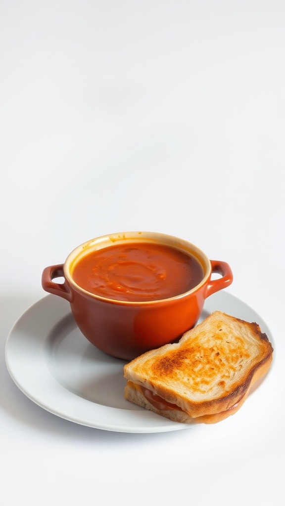 A bowl of tomato soup with a grilled cheese sandwich on a plate.