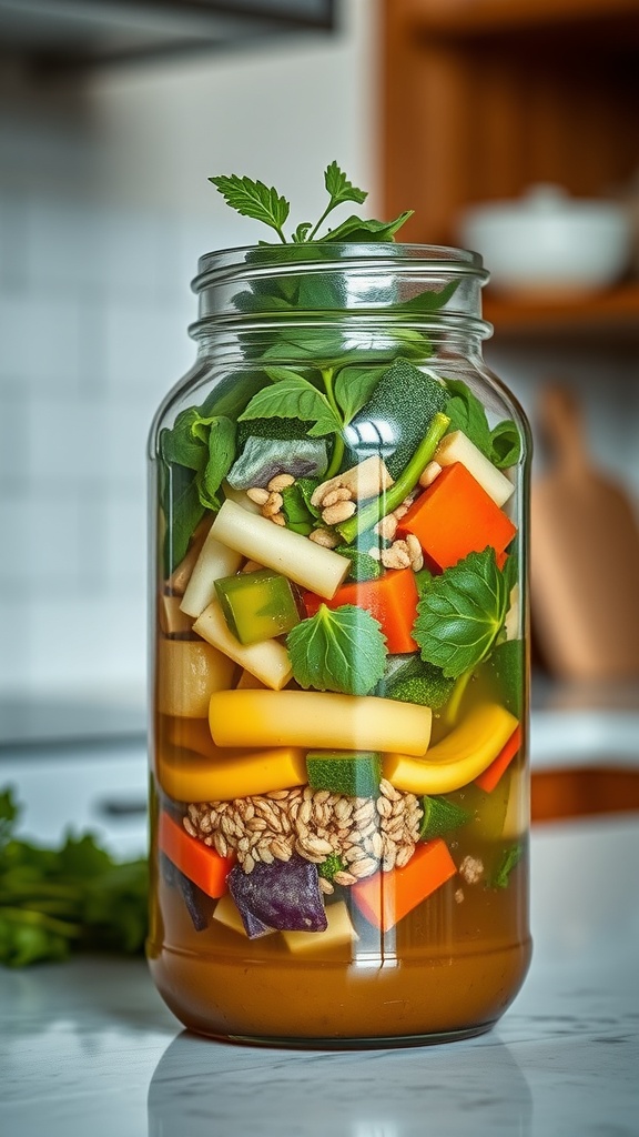 A jar filled with colorful vegetables, grains, and herbs, ready to be made into a hearty soup.