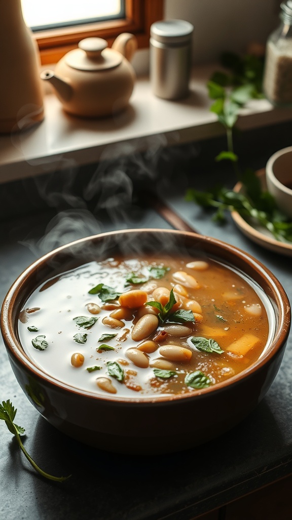 A steaming bowl of hearty soup with beans and herbs on a kitchen counter.