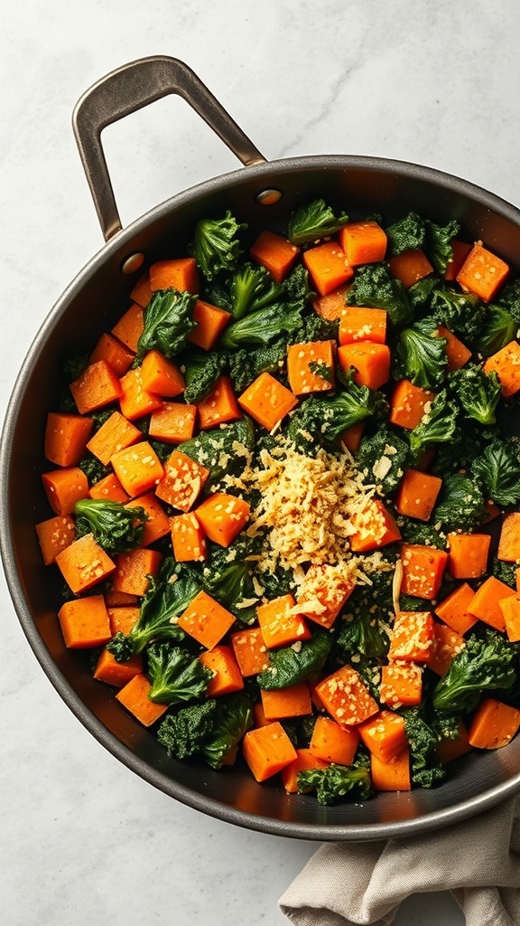 A skillet filled with diced sweet potatoes and chopped kale, garnished with minced garlic.