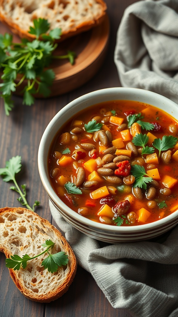 A bowl of hearty vegetable and lentil soup with a side of crusty bread.