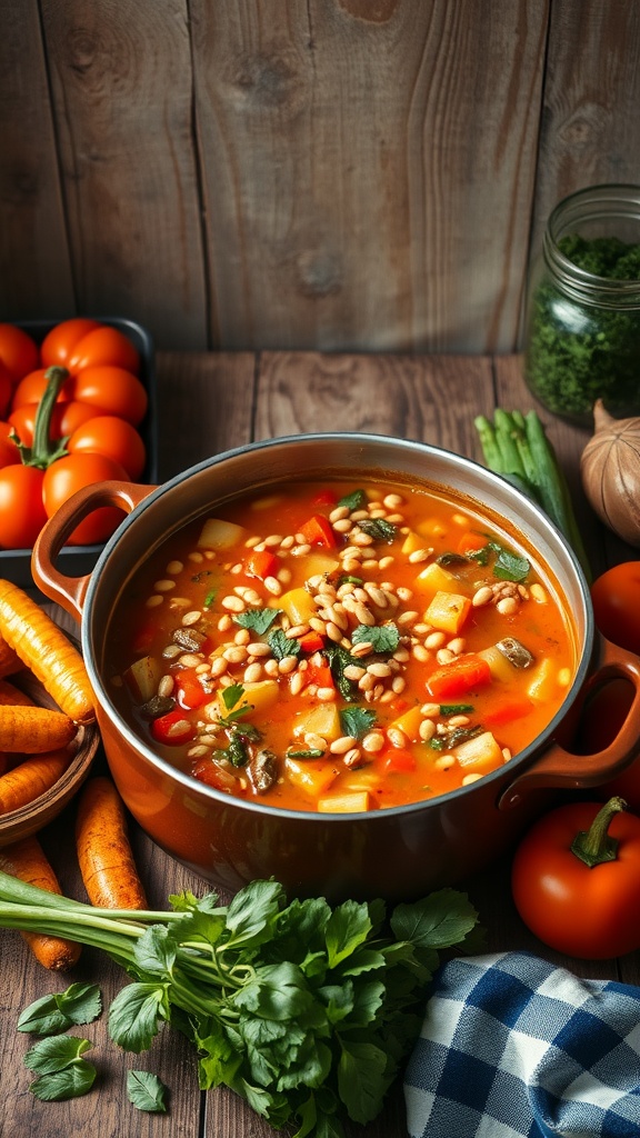 A warm bowl of hearty vegetable and lentil stew with colorful vegetables and lentils.