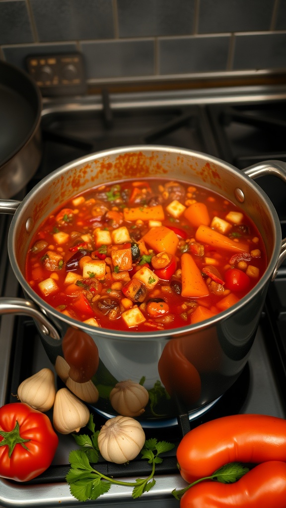 A pot of hearty vegetable chili simmering on the stove, surrounded by fresh ingredients like tomatoes and garlic.