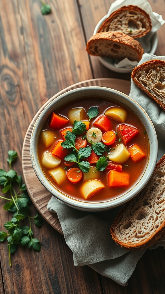 A bowl of hearty vegetable soup with colorful vegetables and a side of bread on a wooden table.
