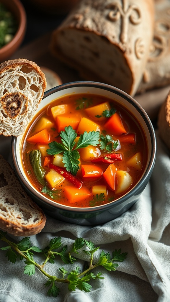 A bowl of hearty vegetable soup with colorful veggies and herbs, served with crusty bread.