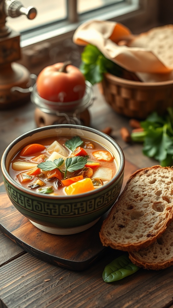 A bowl of hearty vegetable soup next to slices of crusty bread.