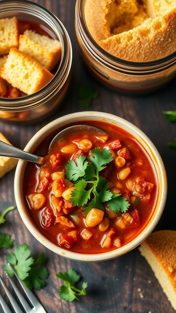 A bowl of hearty vegetarian chili topped with cilantro, served with cornbread.