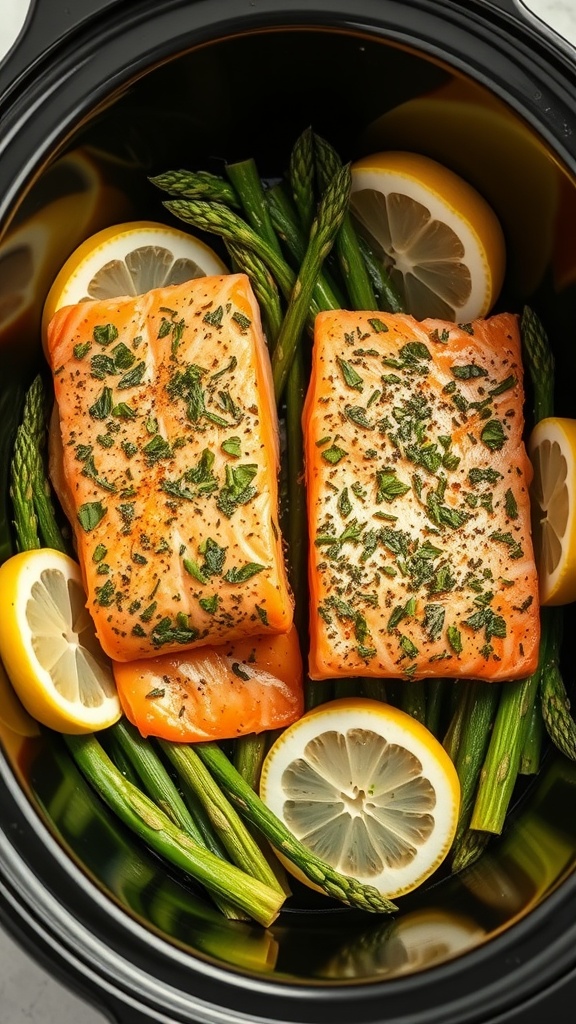 Herb-crusted salmon fillets with asparagus and lemon slices in a slow cooker.