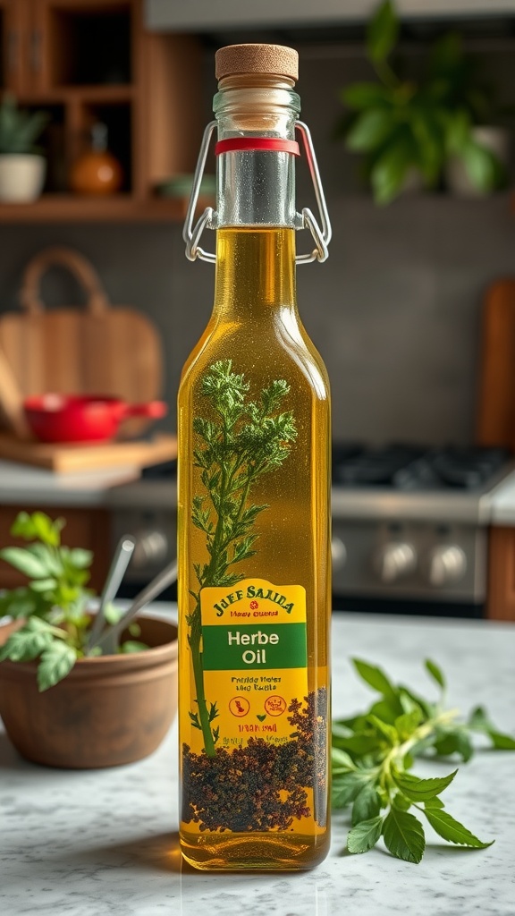 A bottle of herb-infused oil filled with fresh herbs and spices.