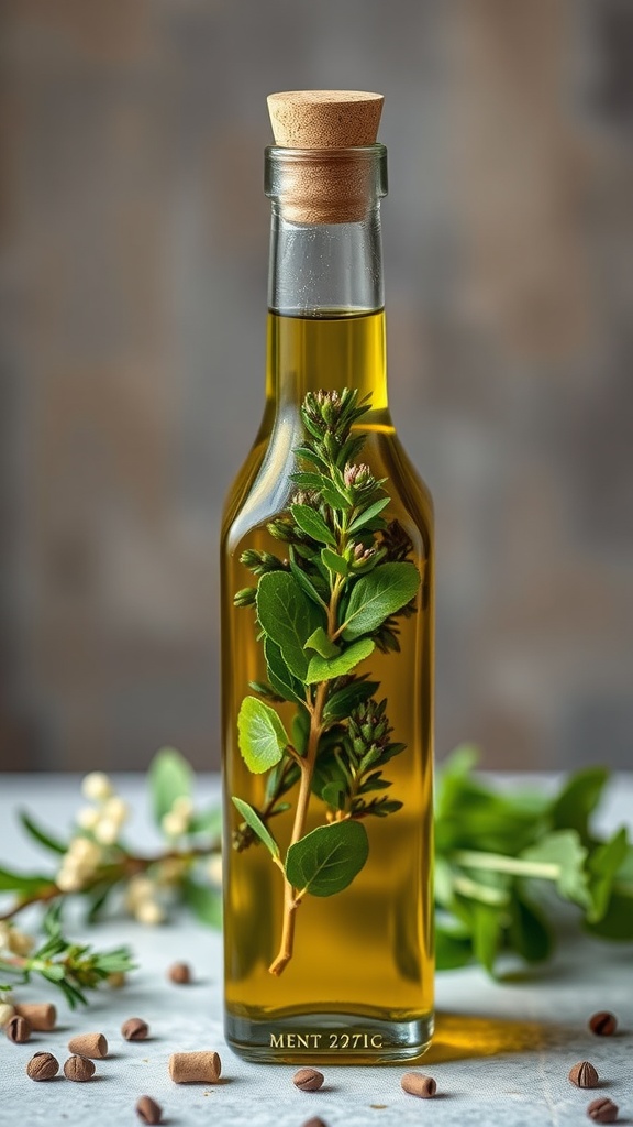 Bottle of herb-infused olive oil with fresh herbs