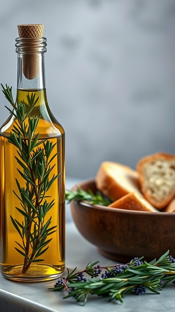 Bottle of herb-infused olive oil with rosemary