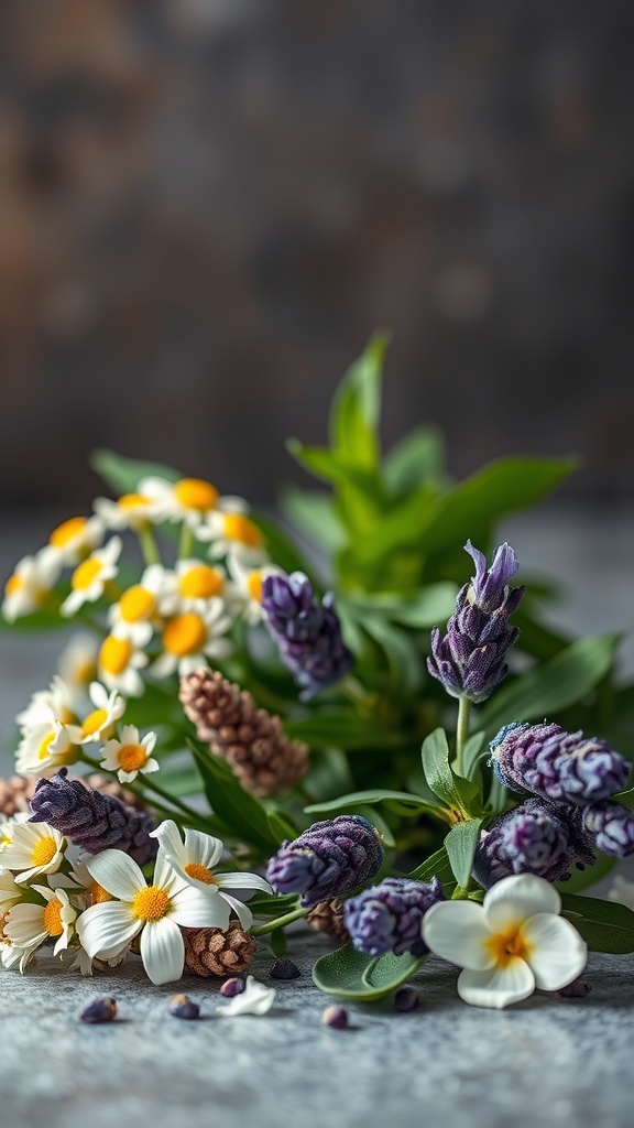 A bouquet of fresh herbs including lavender, chamomile, and violets on a textured background
