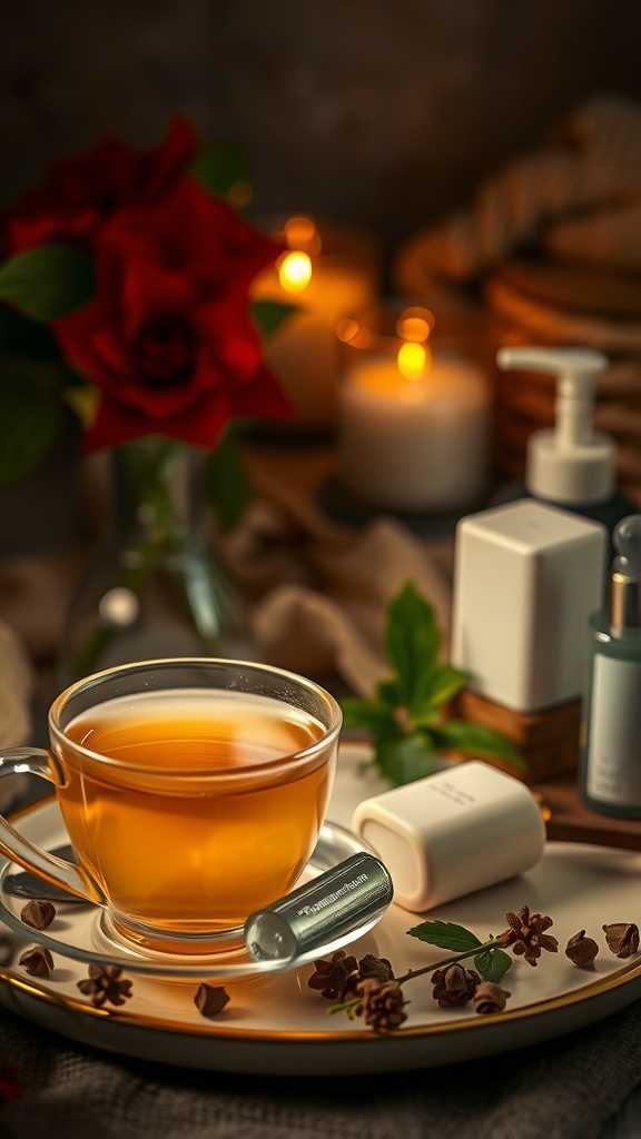A cozy setup featuring a cup of herbal tea, candles, and skincare products, promoting wellness and skin health.