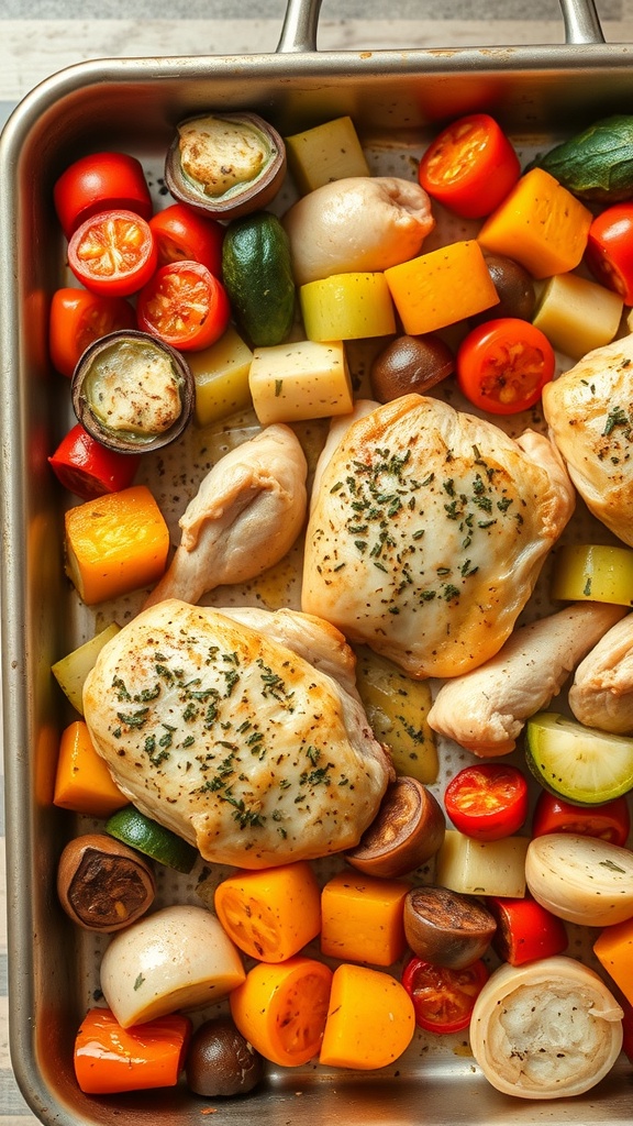 A pan filled with herbed chicken thighs and colorful vegetables ready to bake.