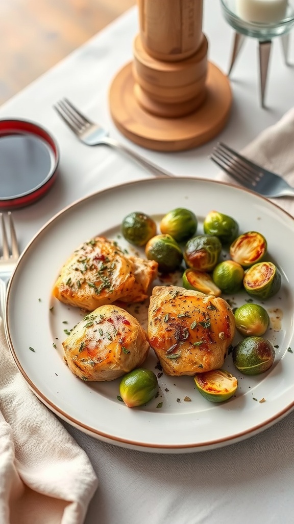 A plate of herbed chicken thighs with roasted Brussels sprouts, garnished with herbs.