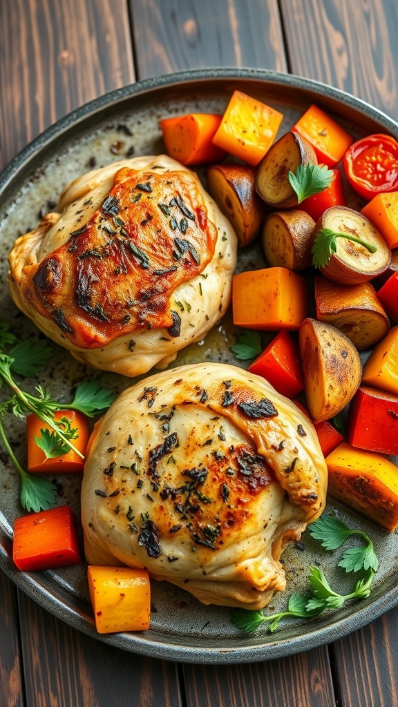 Herbed chicken thighs with roasted vegetables on a plate