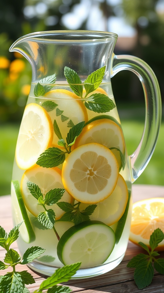 A refreshing jug of herbed cucumber water with slices of cucumber and lemon, garnished with mint leaves.