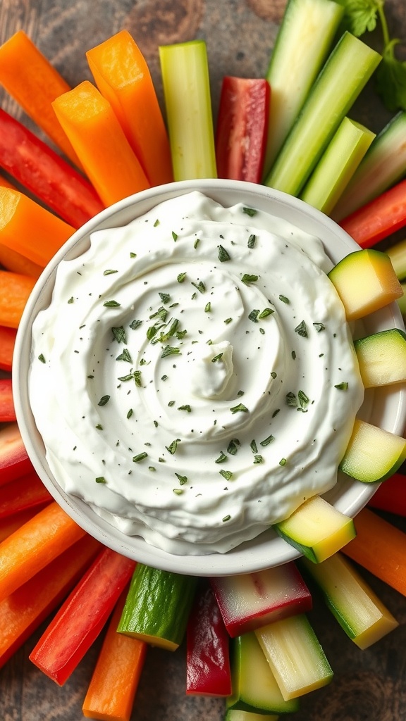 A bowl of herbed Greek yogurt dip surrounded by colorful vegetable sticks.
