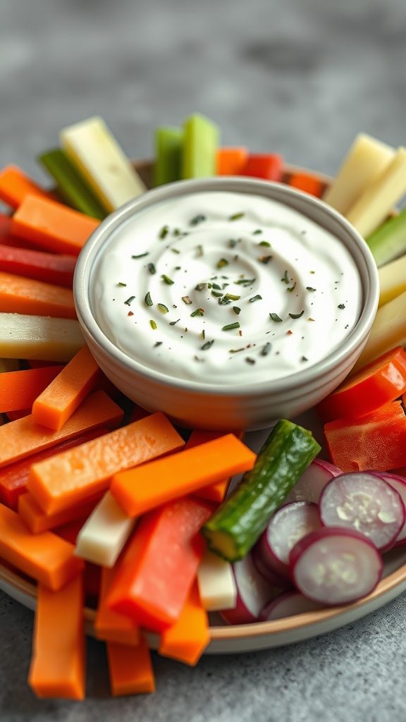 A bowl of Herbed Greek Yogurt Dip surrounded by colorful vegetable sticks