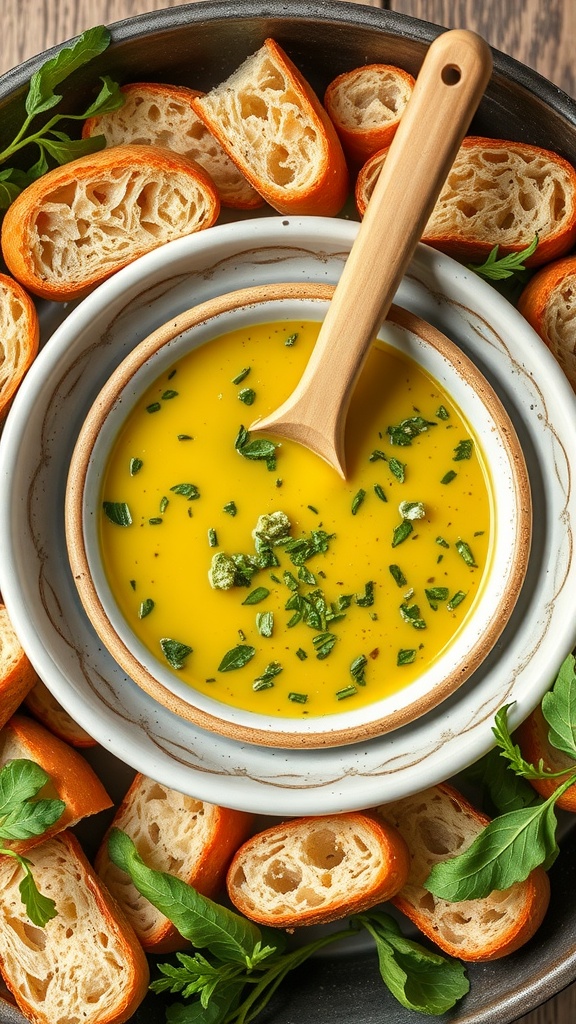 Bowl of herbed olive oil dipping sauce with bread slices arranged around it.