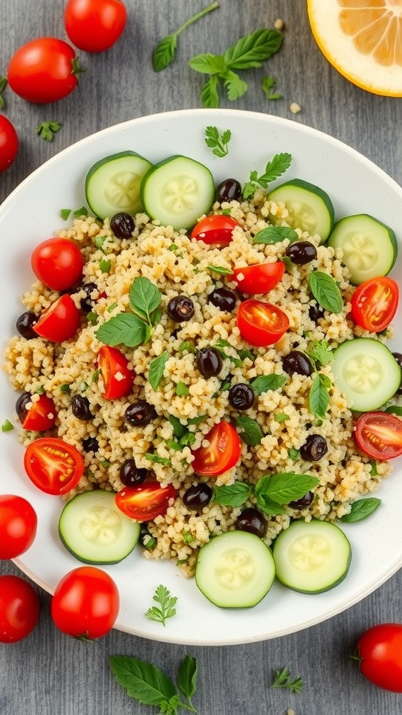 A colorful herbed quinoa salad with cherry tomatoes, cucumber, and fresh herbs.