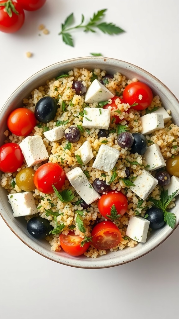 A bowl of herbed quinoa salad with feta, cherry tomatoes, and olives.