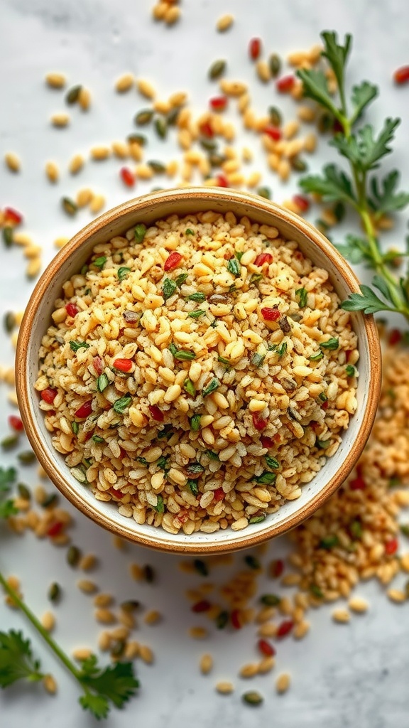A bowl of herbed quinoa seasoning blend with seeds and herbs sprinkled around.