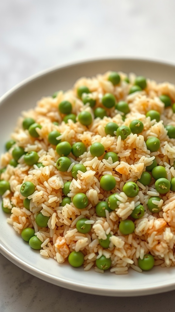 A plate of herbed rice with green peas, garnished and served.