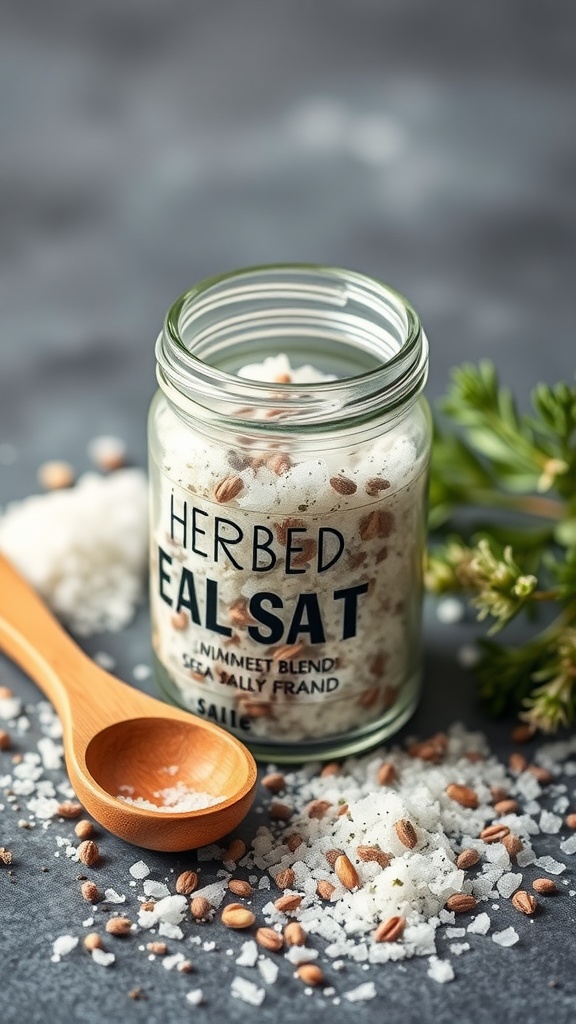A jar of herbed sea salt blend with wooden spoon and herbs scattered around.