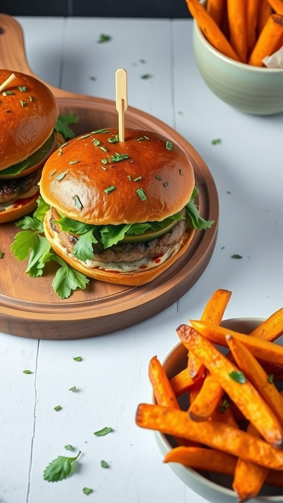 Herbed turkey burgers served with sweet potato fries.