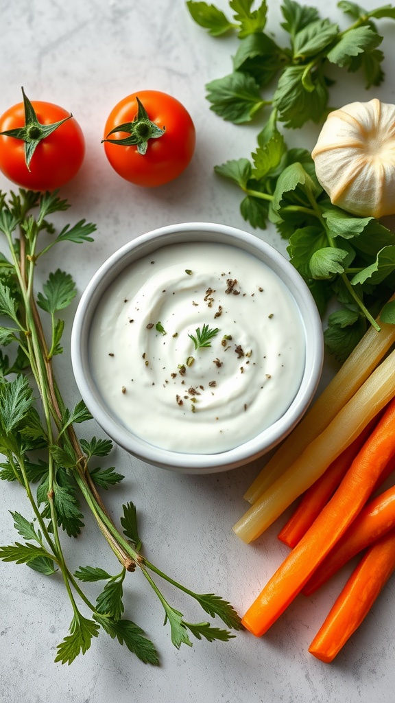 A bowl of herbed yogurt dip surrounded by fresh vegetables and herbs.