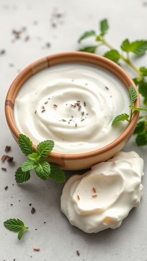 A bowl of creamy herbed yogurt sauce garnished with fresh herbs.