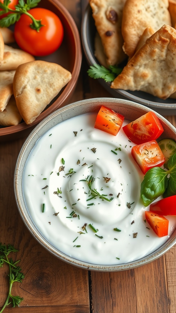 A bowl of creamy herbed yogurt sauce garnished with fresh herbs and served with bread and vegetables.