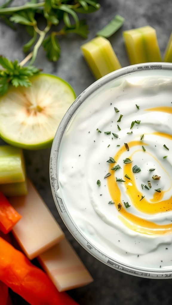 Bowl of herbed yogurt sauce with fresh ingredients around it